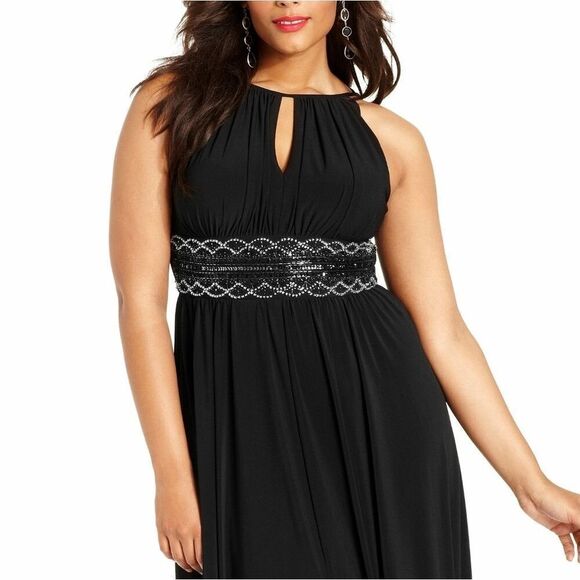 New! R&M RICHARDS Plus Size Women's Beaded Front-Slit Maxi Black Dress Size 14W - Picture 3 of 5